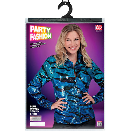 Paillettenshirt blauwe golven achterkant - glitter discoshirt dames disco