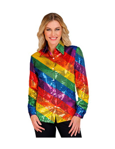 Paillettenshirt dames Lisa regenboog - regenboog glitter discoshirt met pailletten