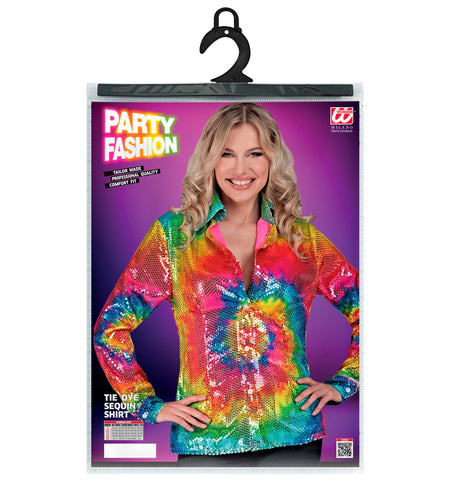 Paillettenshirt tie dye dames achterkant - kleurrijk glitter discoshirt disco