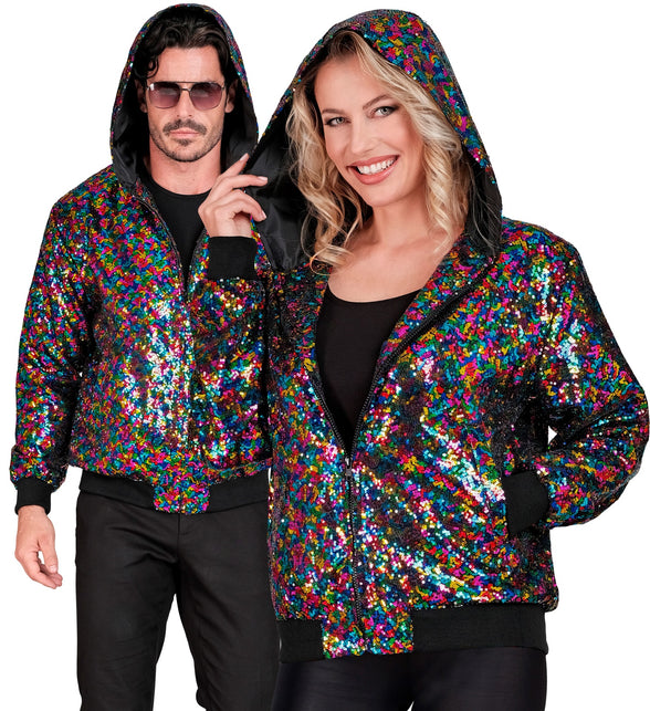 Pailletten bomberjas met kap multikleur - glitter bomberjack regenboog unisex