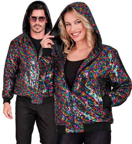 Pailletten bomberjas met kap multikleur - glitter bomberjack regenboog unisex