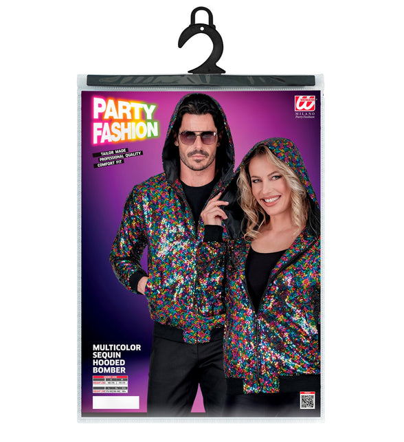 Pailletten bomberjas multikleur achterkant - glitter capuchonjas foute party