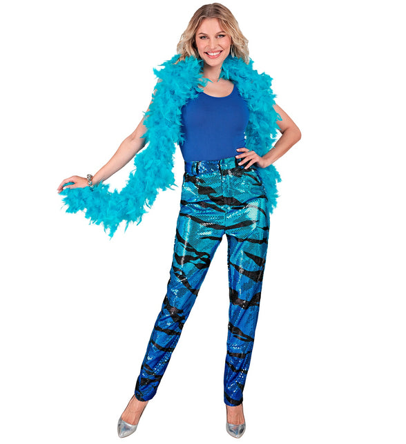 Blauwe golven paillettenbroek Mara dames detail - glinsterende discobroek glitter