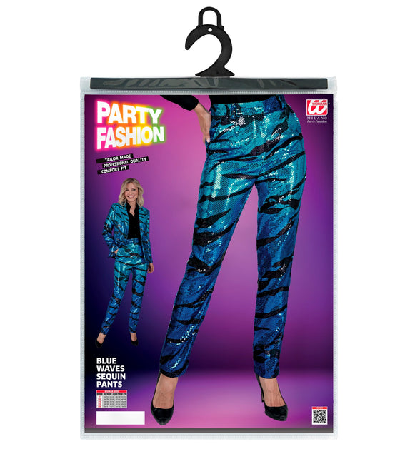 Paillettenbroek Mara blauwe golven achterkant - blauwe glitterbroek dames disco
