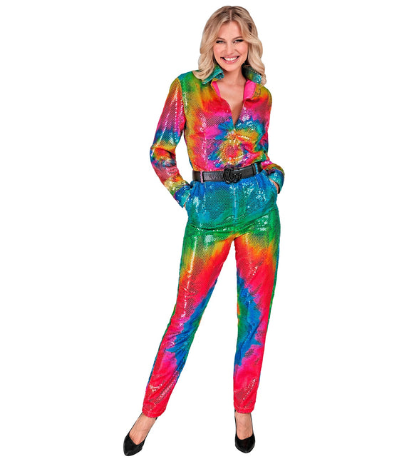 Pailletten discobroek tie dye detail - kleurrijke glitterbroek dames pride