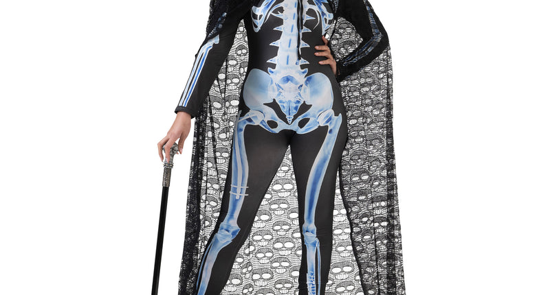 Halloween cape schedels kant in zwart kant met kap, gedragen over een skeletcatsuit