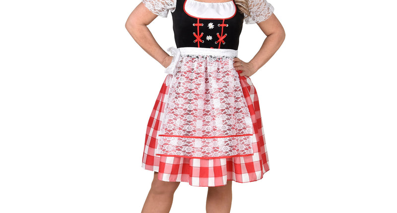 Dirndl jurkje Dina met zwart lijfje, rood-wit geruite rok en wit kanten schort voor Oktoberfest
