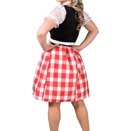 Dirndl jurkje Dina achterkant met geplooide rood-wit geruite rok en kanten schortlinten