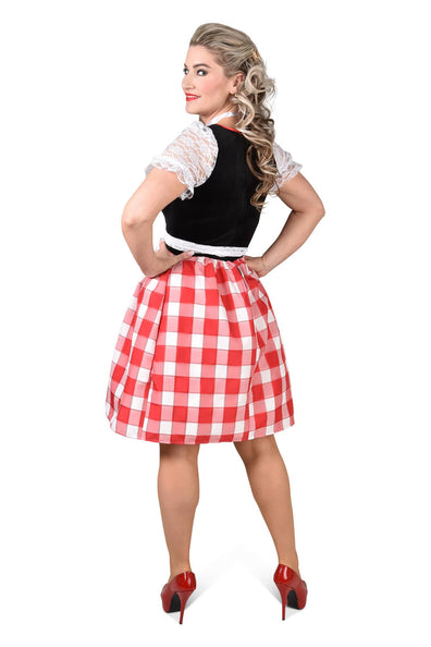 Dirndl jurkje Dina achterkant met geplooide rood-wit geruite rok en kanten schortlinten