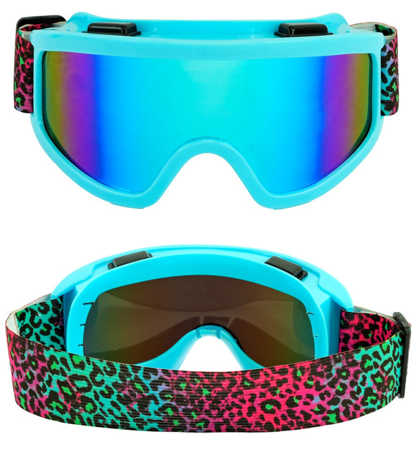 Ski-bril 80's blauw regenboog luipaardprint Pim