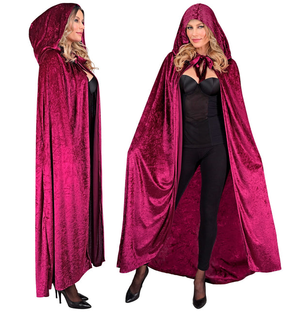 Fluwelen cape bordeaux van 140 cm met strikband bij de hals, zij- en vooraanzicht