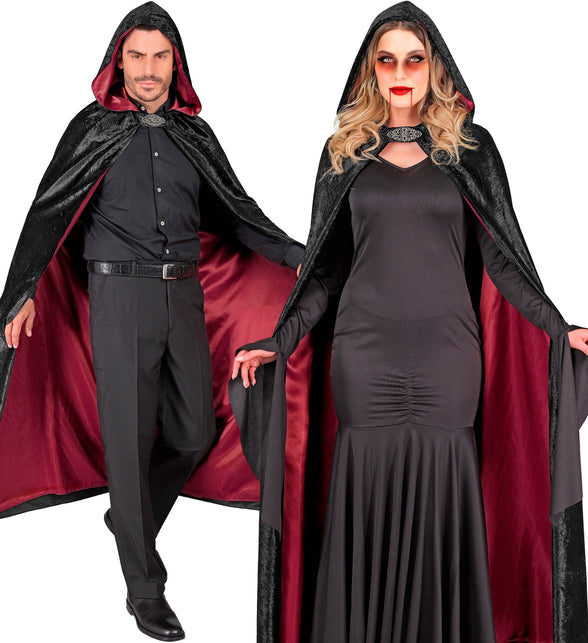 Cape met kap zwart fluweel met rode binnenvoering 140cm Maud