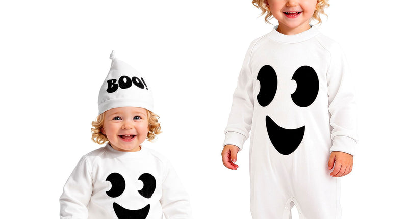 Spook jumpsuit kinderen wit met kapje en BOO-opdruk