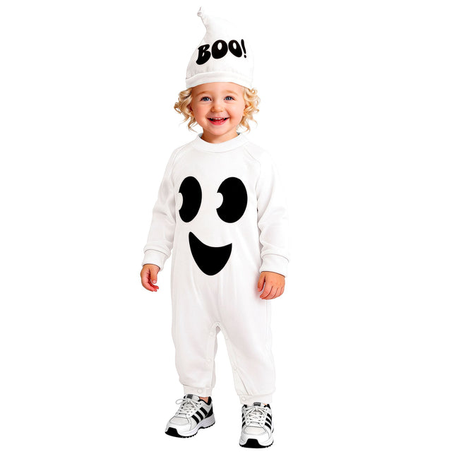 Spook jumpsuit kinderen wit met kapje en BOO-opdruk — foto 3