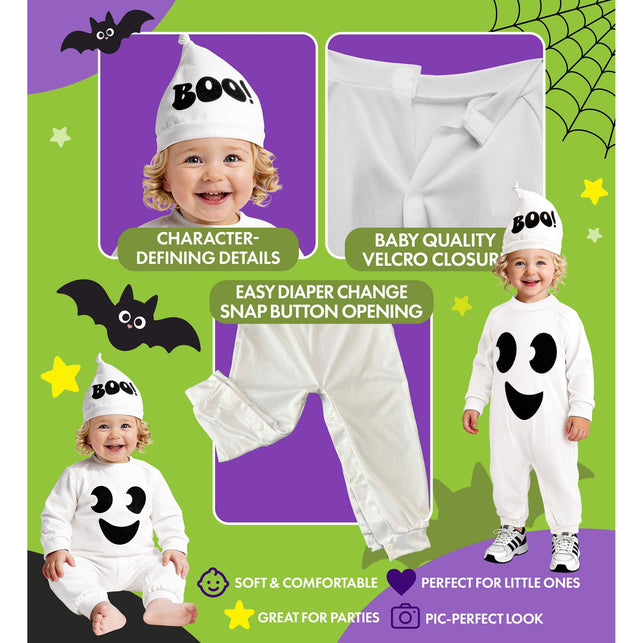 Spook jumpsuit kinderen wit met kapje en BOO-opdruk — foto 4