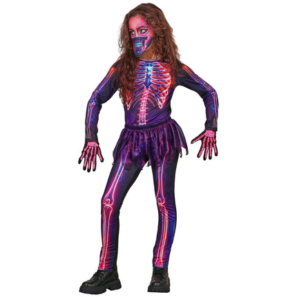 Neon skelet jumpsuit meisjes 3-delig met tutu en masker — foto 3