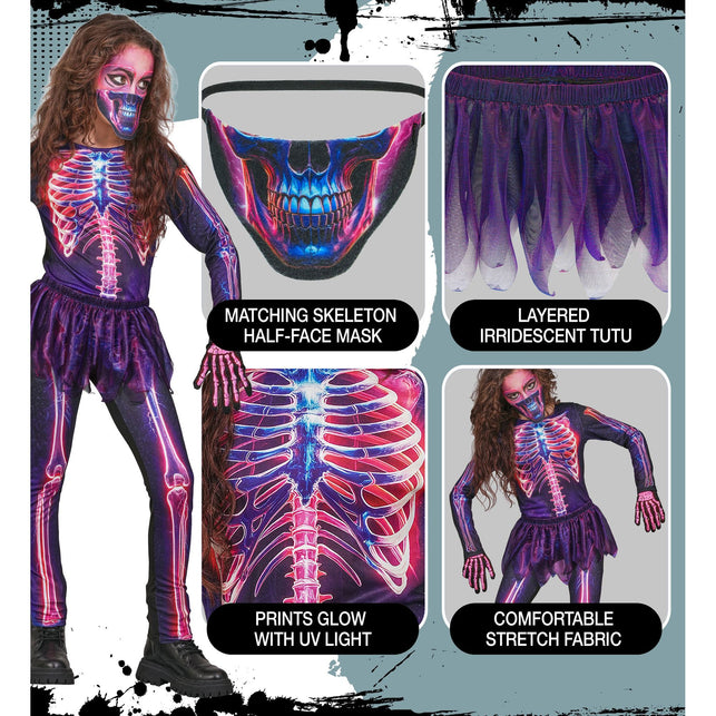 Neon skelet jumpsuit meisjes 3-delig met tutu en masker — foto 5