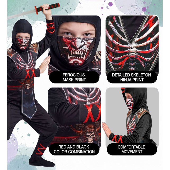 Ninja skelet jumpsuit jongens zwart met rode print — foto 4