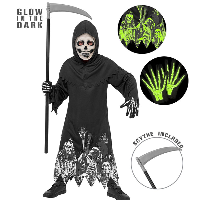 Magere Hein gewaad jongens glow in the dark met zeis