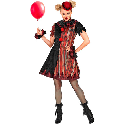 Gemene clownsjurk dames rood zwart | 5-delig kostuum — foto 3
