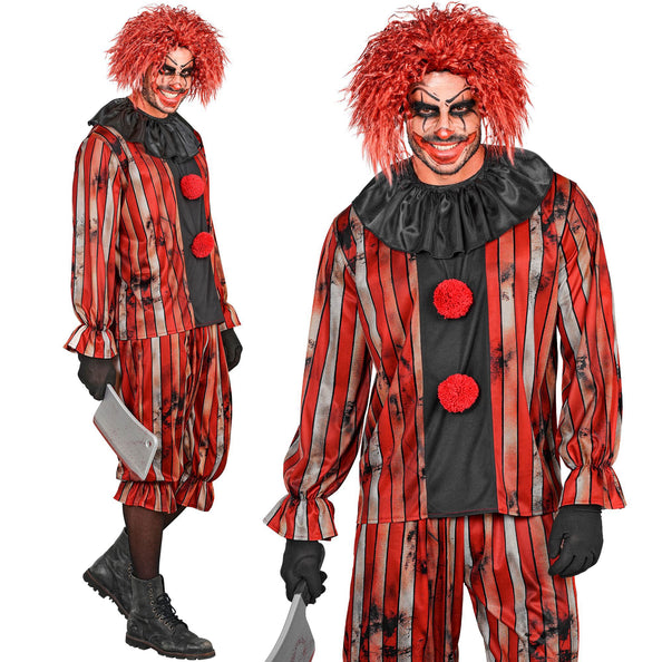 Gemene clown kostuum heren rood gestreept met plooikraag