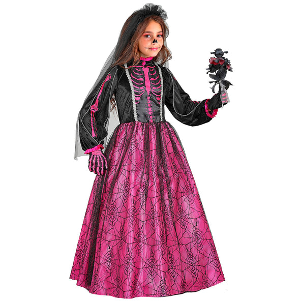 Skeletbruidsjurk meisjes roze met sluier en hoepelrok — foto 4