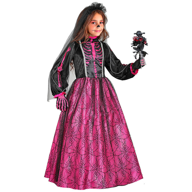 Skeletbruidsjurk meisjes roze met sluier en hoepelrok — foto 4