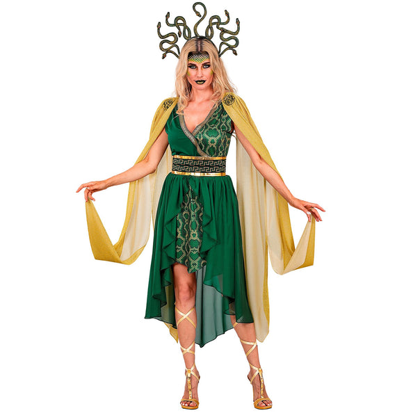 Medusa jurk dames groen met gouden cape en slangenhoofdband