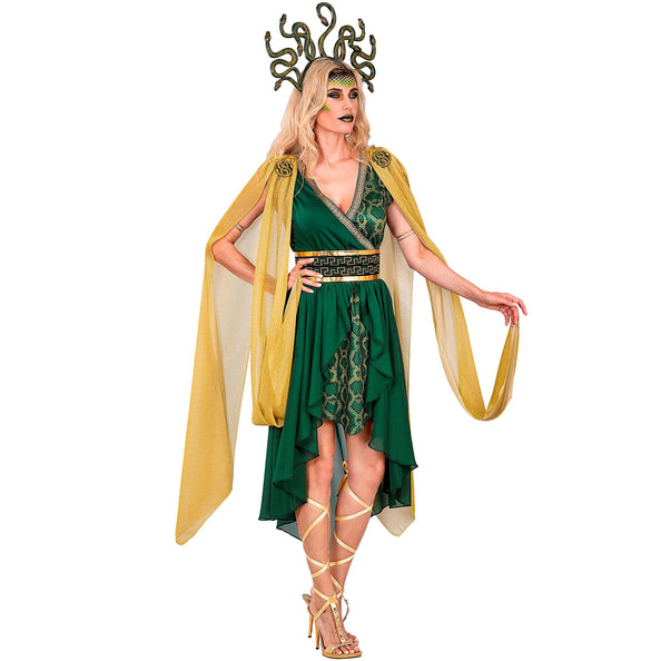 Medusa jurk dames groen met gouden cape en slangenhoofdband — foto 4