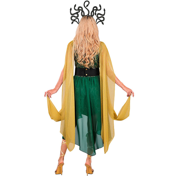 Medusa jurk dames groen met gouden cape en slangenhoofdband — foto 5