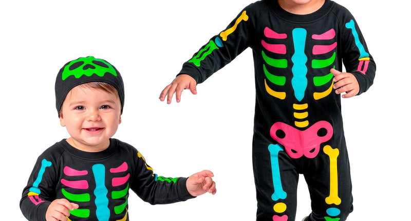 Gekleurde skelet jumpsuit jongens met hoofddeksel
