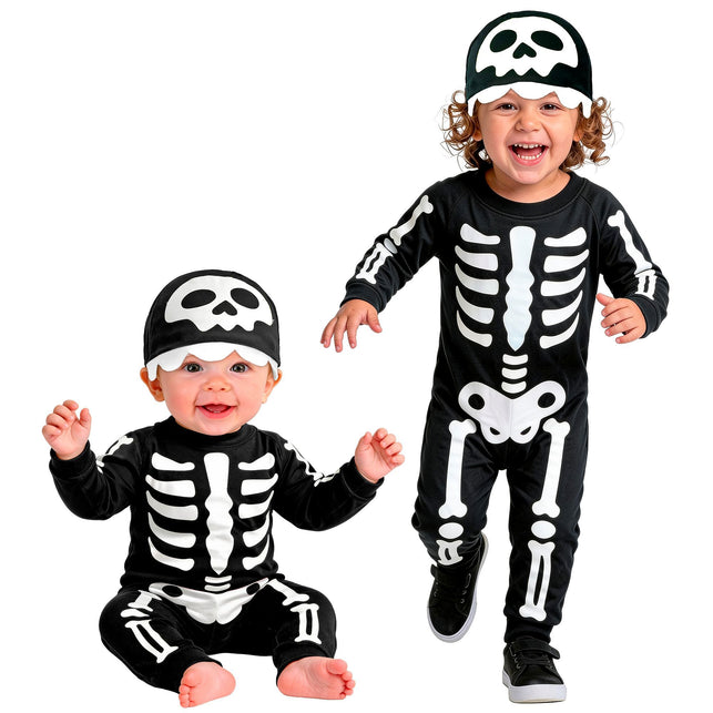 Skelet jumpsuit jongens zwart met witte botprint en kapje