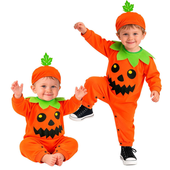 Pompoen jumpsuit jongens oranje met pompoenmuts