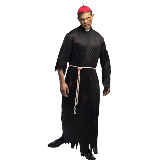 Zombie priester kostuum heren zwart met kalot en koord — foto 3