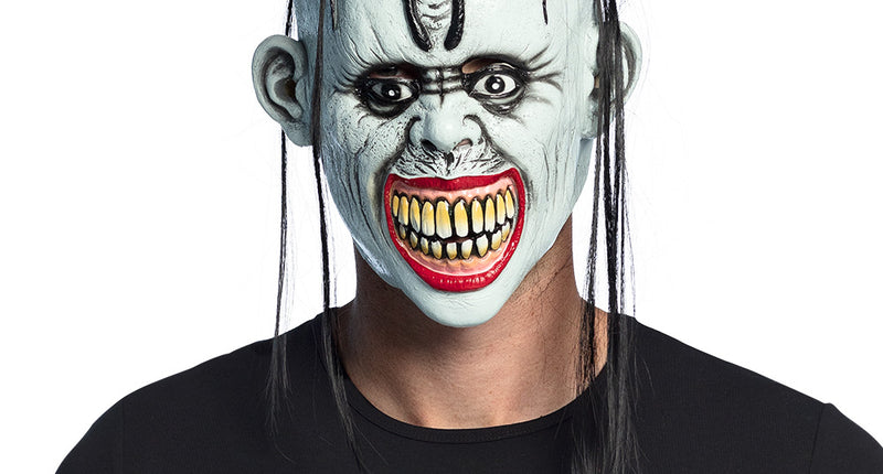 Latex hoofdmasker Bad clown met haar en mini hoge hoed