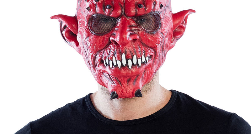Latex hoofdmasker Creepy devil rood met hoorntjes heren