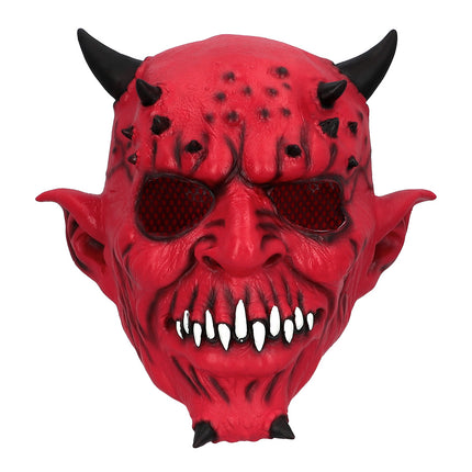 Latex hoofdmasker Creepy devil rood met hoorntjes heren — foto 2