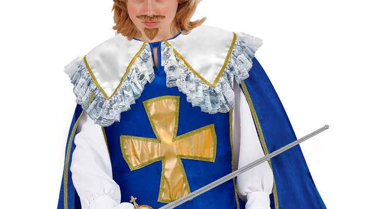 Musketier jas jongens in blauw met goudkleurig kruis en witte kanten kraag voor carnaval