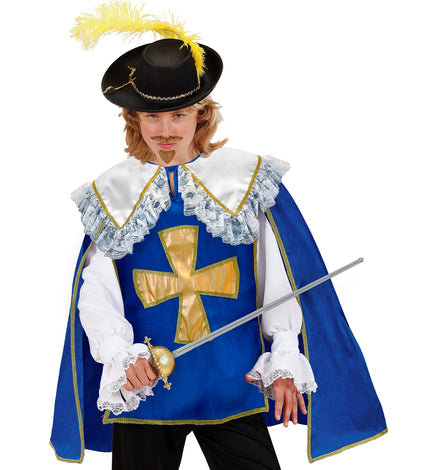 Musketier jas jongens in blauw met goudkleurig kruis en witte kanten kraag voor carnaval
