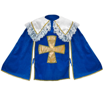 Musketier jas kind vanaf de voorkant uitgelegd, blauw met gouden kruis en kanten schouderruches