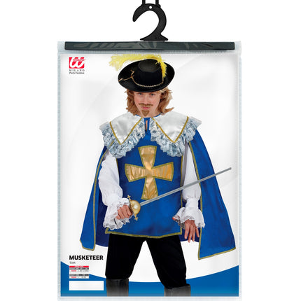 Verpakking van de musketier jas voor jongens met maatoverzicht 128, 140 en 158 cm