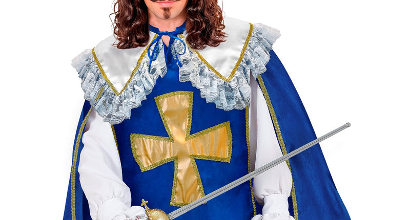 Musketier jas heren in koningsblauw met goudkleurig kruis en witte kanten kraag voor themafeest