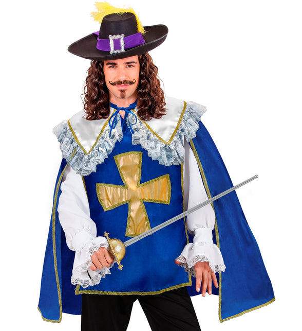 Musketier jas heren in koningsblauw met goudkleurig kruis en witte kanten kraag voor themafeest