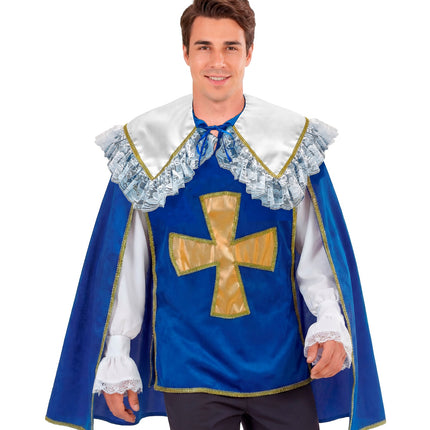 Musketier jas heren van dichtbij met blauwe striklinten aan de hals en gouden sierbiezen