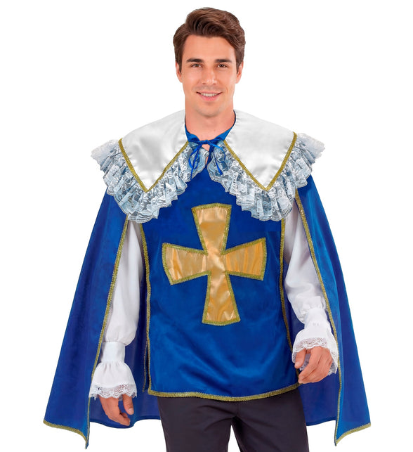 Musketier jas heren van dichtbij met blauwe striklinten aan de hals en gouden sierbiezen