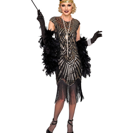 Gatsby jurk goud dames rechtvallend model met lange zwarte franjes onder de zoom