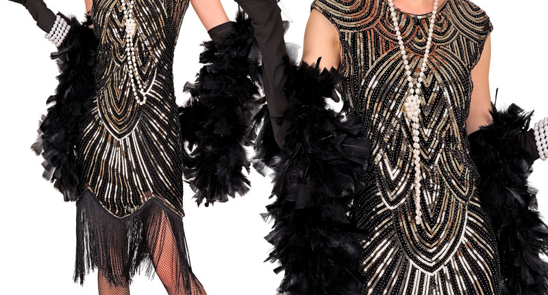 Gatsby flapper jurk goud met zwart art-decopatroon en franjezoom voor dames, jaren 20-feest