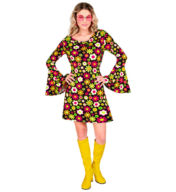 70s jurk flowers dames - retro flower power verkleedjurk met bloemenprint