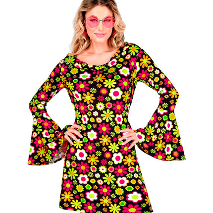 Retro bloemen 70s jurk dames - sixties flower power verkleedjurk bloemenprint