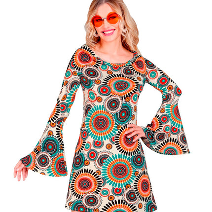 Retro jaren 70 vintage jurk dames - sixties flower power verkleedjurk